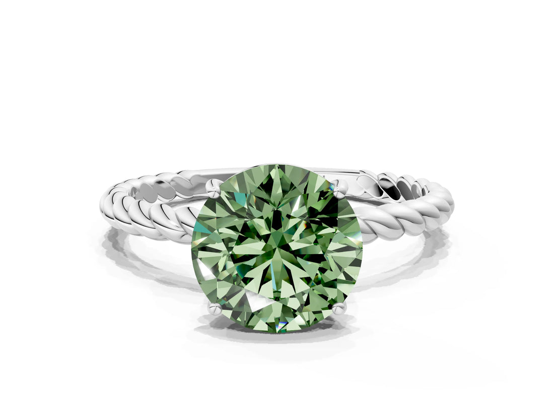 White gold Fancy Green Round  Solitaire Twist Band Ring with Four-Prong Setting_13