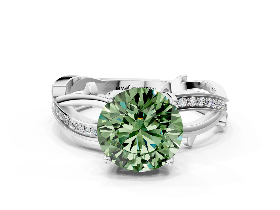 White gold Fancy Green Round  Solitaire Twist Band with Pavé Accents and Four-Prong Setting_20