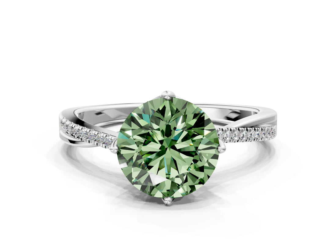 White gold Fancy Green Round  Solitaire Twist Band with Pavé Diamonds and Four-Prong Setting_65