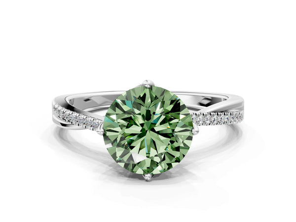 White gold Fancy Green Round  Solitaire Twist Band with Pavé Diamonds and Four-Prong Setting