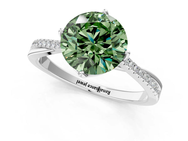 White gold Fancy Green Round  Solitaire Twist Band with Pavé Diamonds and Four-Prong Setting