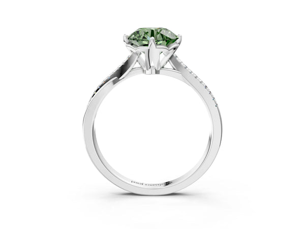 White gold Fancy Green Round  Solitaire Twist Band with Pavé Diamonds and Four-Prong Setting