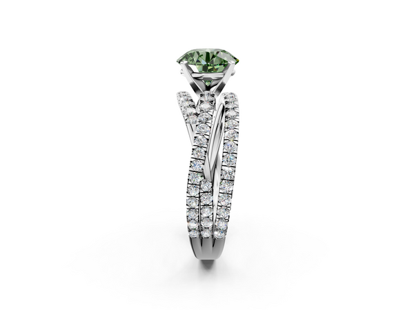 Platinum Fancy Green Round  Solitaire Twist Band with Pavé Setting and Four-Prong Setting
