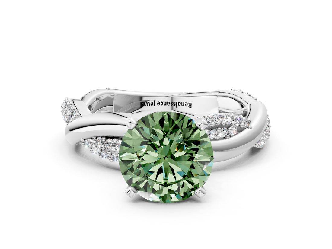 White gold Fancy Green Round  Solitaire Twist Band with Pave Prong Setting_58