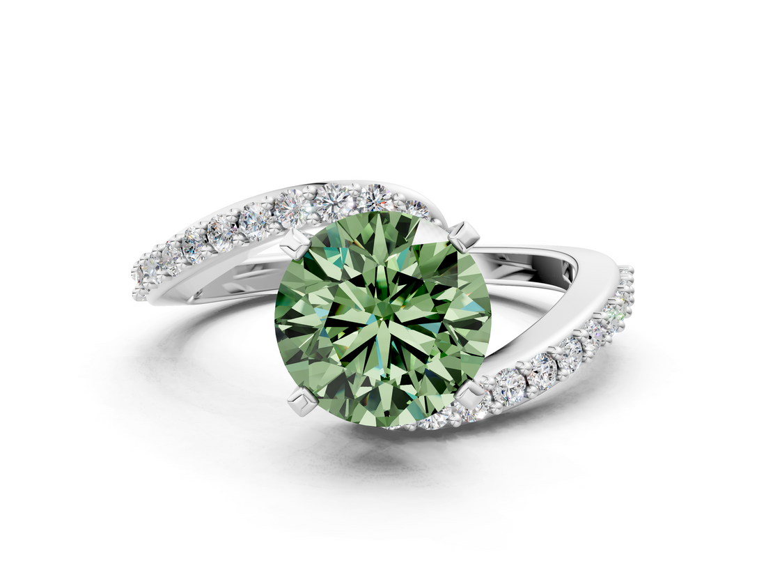 White gold Fancy Green Round  Solitaire Twist Band with Pave Set Diamonds and Four-Prong Setting_179