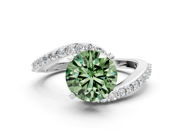 White gold Fancy Green Round  Solitaire Twist Band with Pave Set Diamonds and Four-Prong Setting