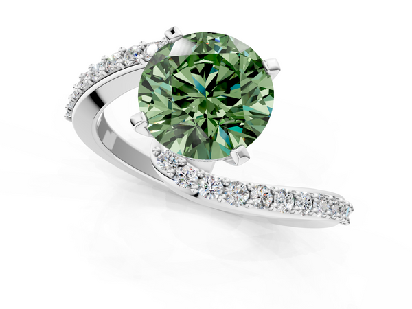 White gold Fancy Green Round  Solitaire Twist Band with Pave Set Diamonds and Four-Prong Setting