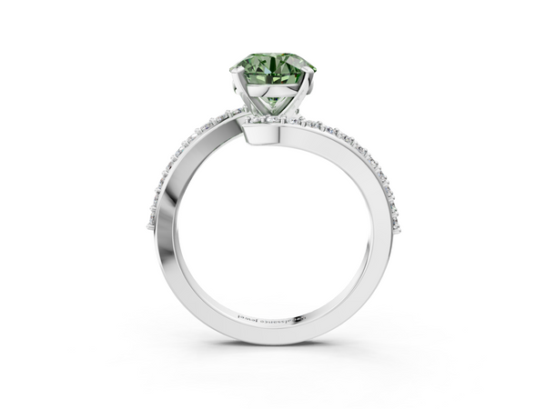 White gold Fancy Green Round  Solitaire Twist Band with Pave Set Diamonds and Four-Prong Setting