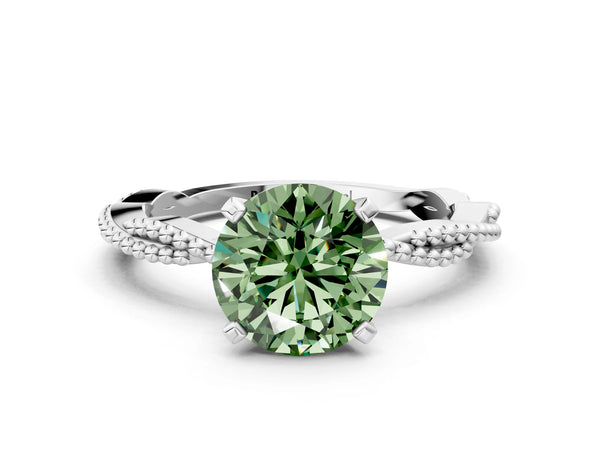 White gold Fancy Green Round  Solitaire Twisted Band with Bead Prong Setting
