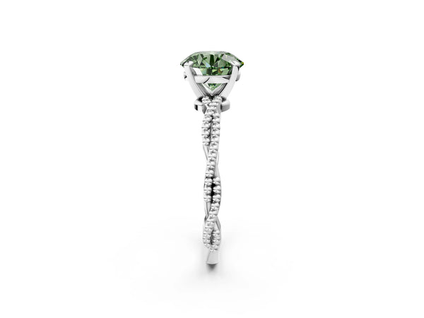 White gold Fancy Green Round  Solitaire Twisted Band with Bead Prong Setting