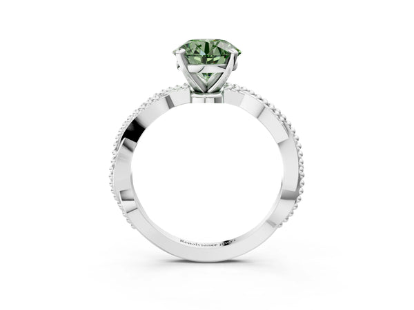 White gold Fancy Green Round  Solitaire Twisted Band with Bead Prong Setting