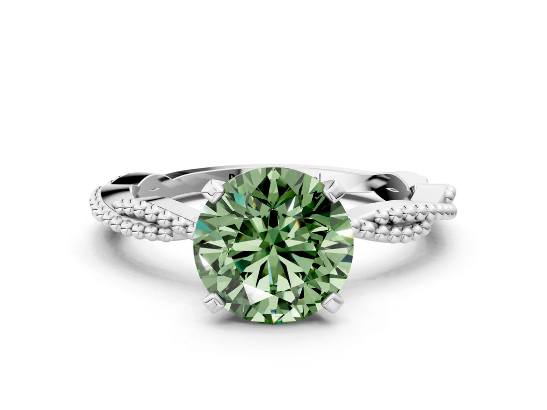 White gold Fancy Green Round  Solitaire Twisted Band with Bead Prong Setting_391