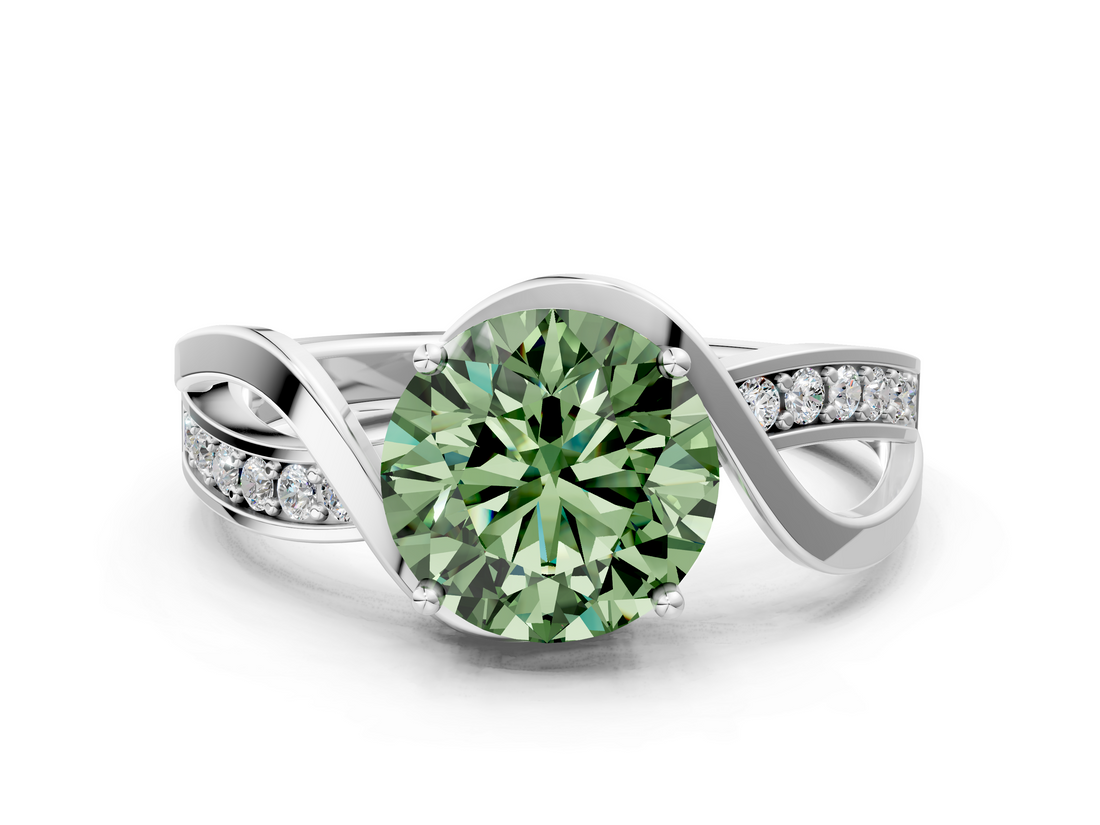 White gold Fancy Green Round  Solitaire Twisted Band with Prong Setting_3