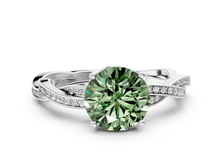 White gold Fancy Green Round  Solitaire Twisted Pave Diamond Ring with Four-Prong Setting