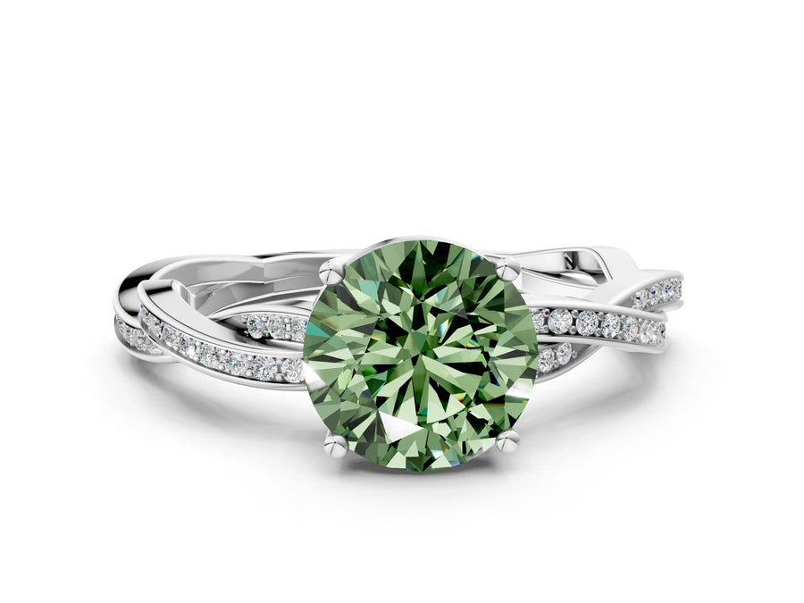 White gold Fancy Green Round  Solitaire Twisted Pave Diamond Ring with Four-Prong Setting