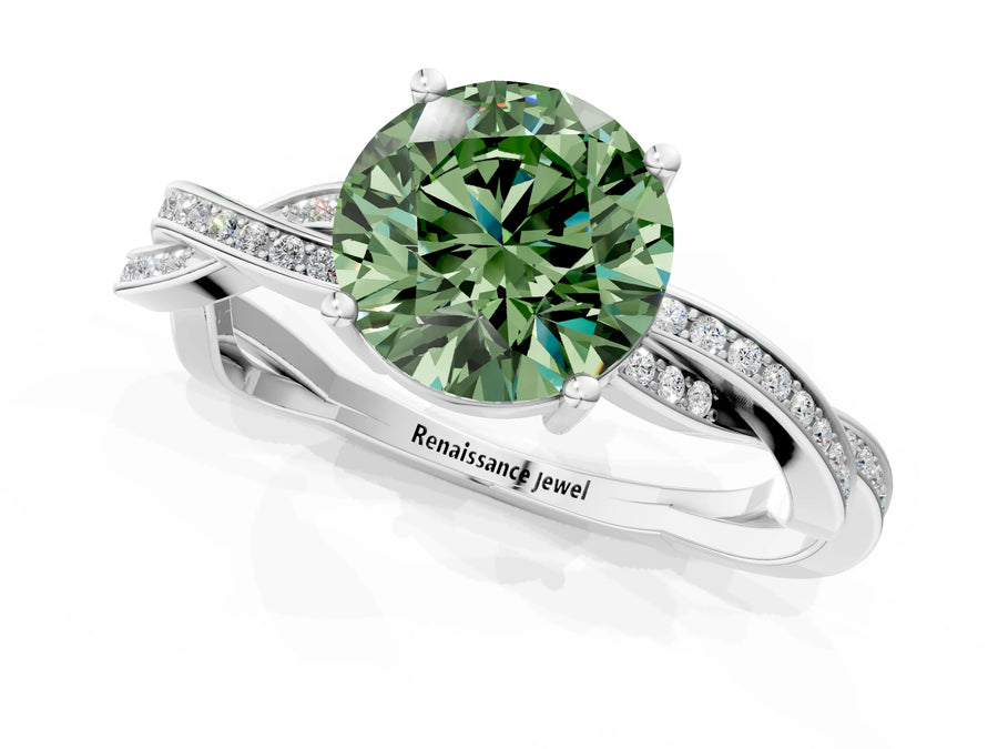 White gold Fancy Green Round  Solitaire Twisted Pave Diamond Ring with Four-Prong Setting
