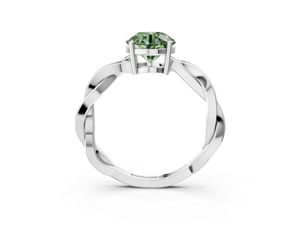 White gold Fancy Green Round  Solitaire Twisted Pave Diamond Ring with Four-Prong Setting