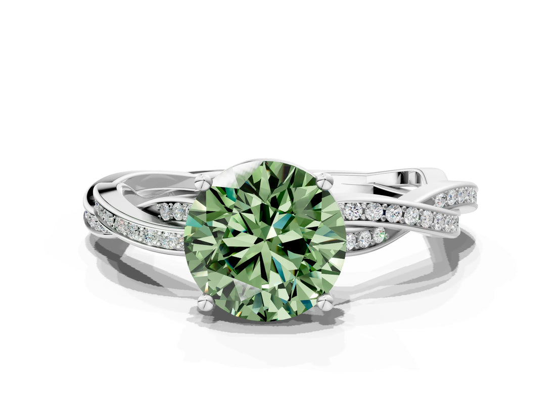 White gold Fancy Green Round  Solitaire Twisted Pave Diamond Ring with Four-Prong Setting_158
