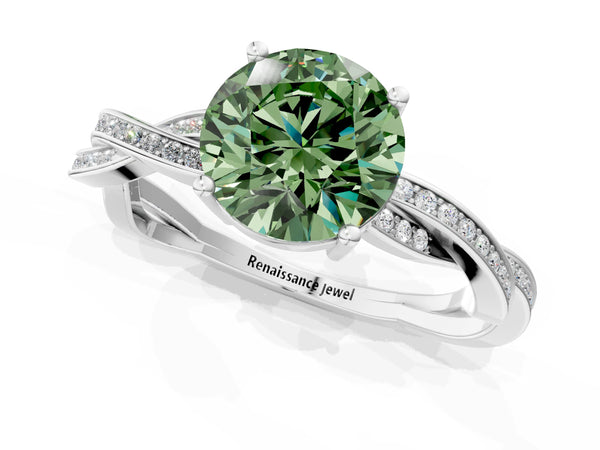 White gold Fancy Green Round  Solitaire Twisted Pave Diamond Ring with Four-Prong Setting