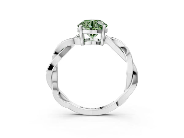 White gold Fancy Green Round  Solitaire Twisted Pave Diamond Ring with Four-Prong Setting