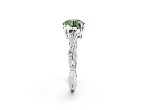 White gold Fancy Green Round  Solitaire Twisted Pave Diamond Ring with Four-Prong Setting