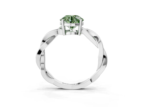 White gold Fancy Green Round  Solitaire Twisted Pave Diamond Ring with Four-Prong Setting