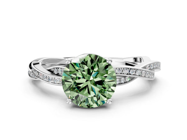 White gold Fancy Green Round  Solitaire Twisted Pave Diamond Ring with Four-Prong Setting