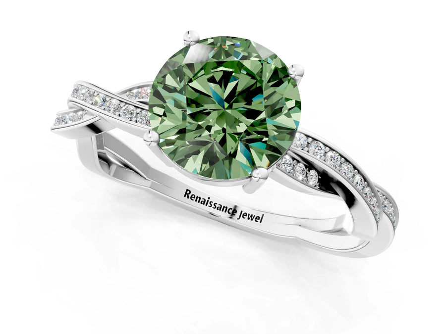 White gold Fancy Green Round  Solitaire Twisted Pave Diamond Ring with Four-Prong Setting