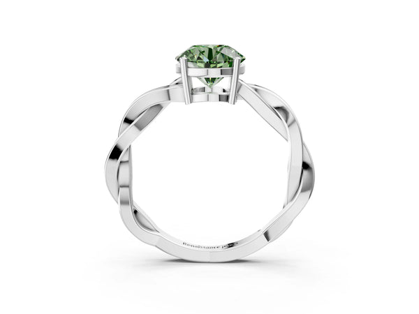 White gold Fancy Green Round  Solitaire Twisted Pave Diamond Ring with Four-Prong Setting