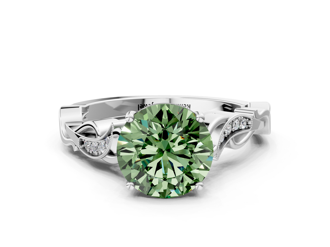 White gold Fancy Green Round  Solitaire Vine Band with Milgrain Prong Setting_3
