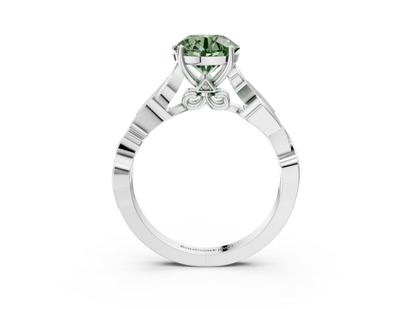 White gold Fancy Green Round  Solitaire Vine Band with Milgrain Prong Setting