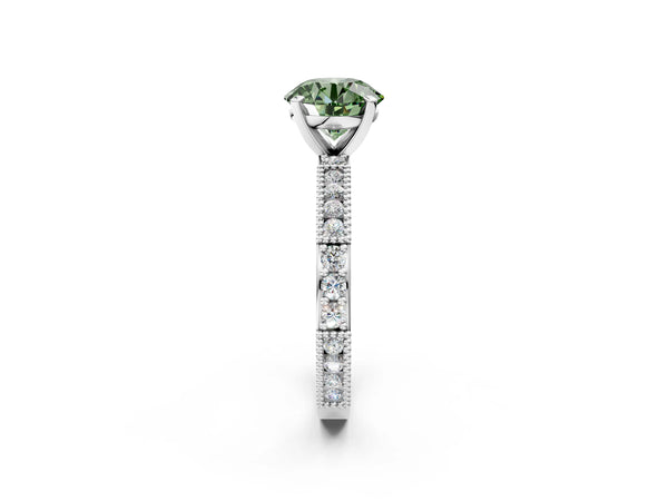 Platinum Fancy Green Round  Solitaire with Pavé Band and Four-Prong Setting