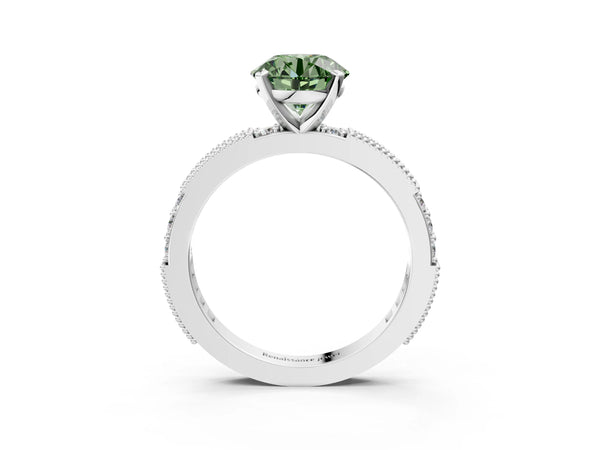 Platinum Fancy Green Round  Solitaire with Pavé Band and Four-Prong Setting