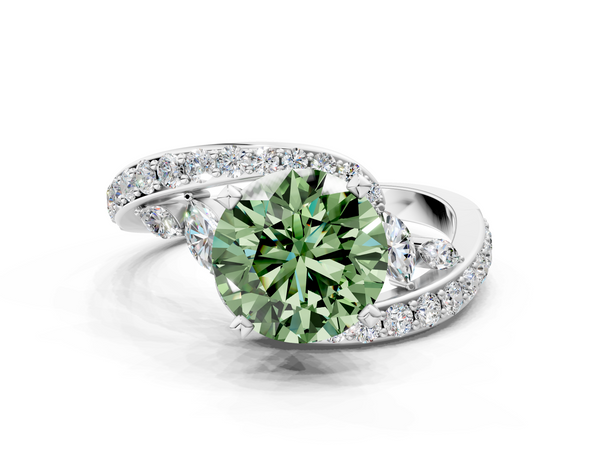 White gold Fancy Green Round  Solitaire with Pavé Twist Band and Four-Prong Setting