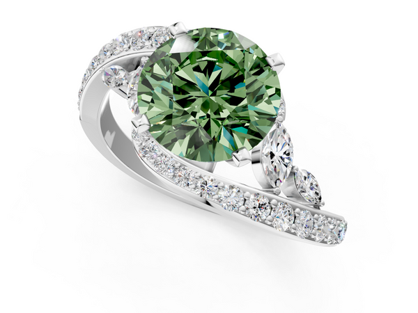 White gold Fancy Green Round  Solitaire with Pavé Twist Band and Four-Prong Setting