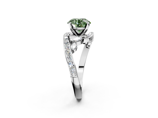 White gold Fancy Green Round  Solitaire with Pavé Twist Band and Four-Prong Setting