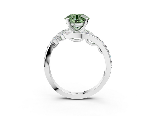 White gold Fancy Green Round  Solitaire with Pavé Twist Band and Four-Prong Setting