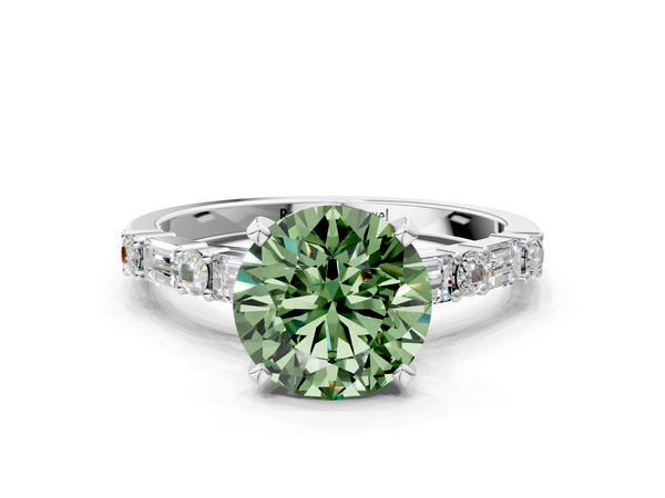 White gold Fancy Green Round Cut Diamond Solitaire with Side Baguettes and Channel Set Band