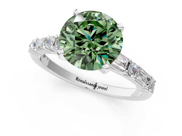White gold Fancy Green Round Cut Diamond Solitaire with Side Baguettes and Channel Set Band