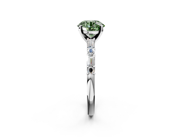 White gold Fancy Green Round Cut Diamond Solitaire with Side Baguettes and Channel Set Band