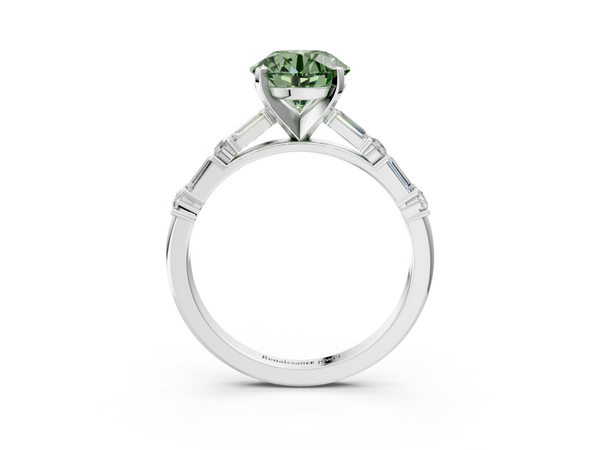 White gold Fancy Green Round Cut Diamond Solitaire with Side Baguettes and Channel Set Band