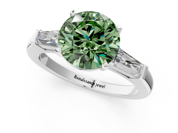 Platinum Fancy Green Round  Solitaire with Tapered Baguette Side Stones on a Classic Band with Four-Prong Setting
