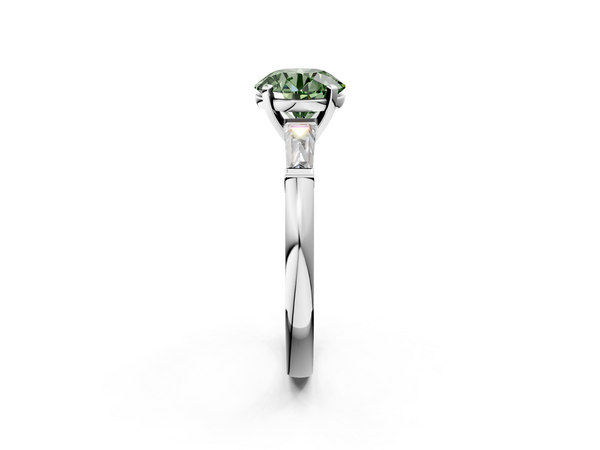 Platinum Fancy Green Round  Solitaire with Tapered Baguette Side Stones on a Classic Band with Four-Prong Setting