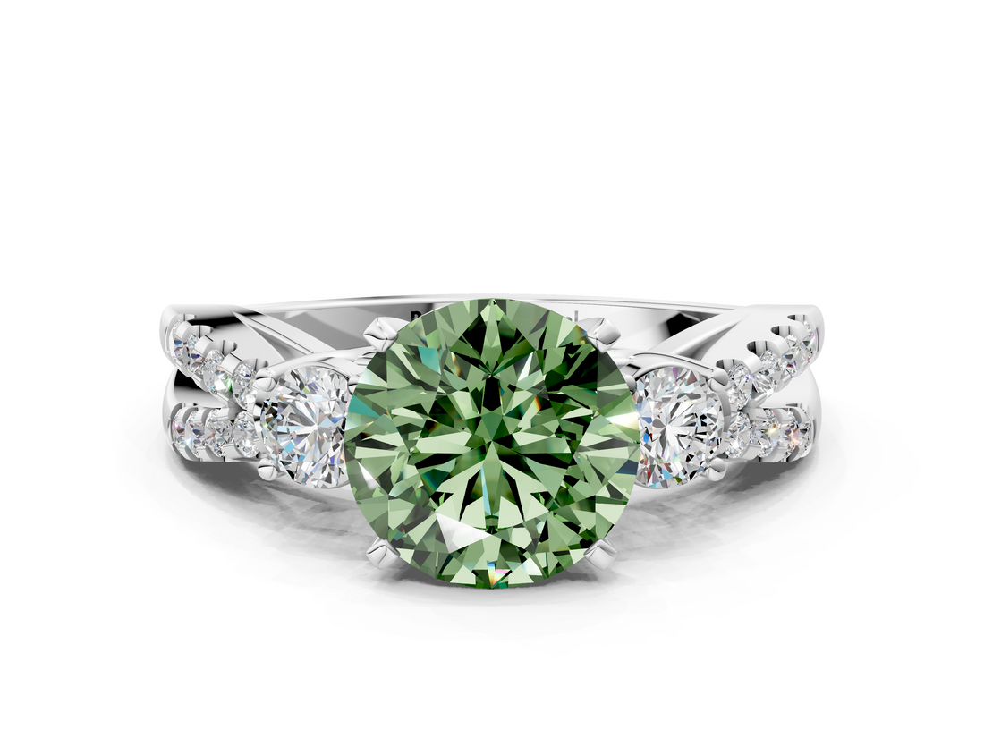 White gold Fancy Green Round  Three-Stone Diamond Ring with Pavé Split Shank and Four-Prong Setting_110