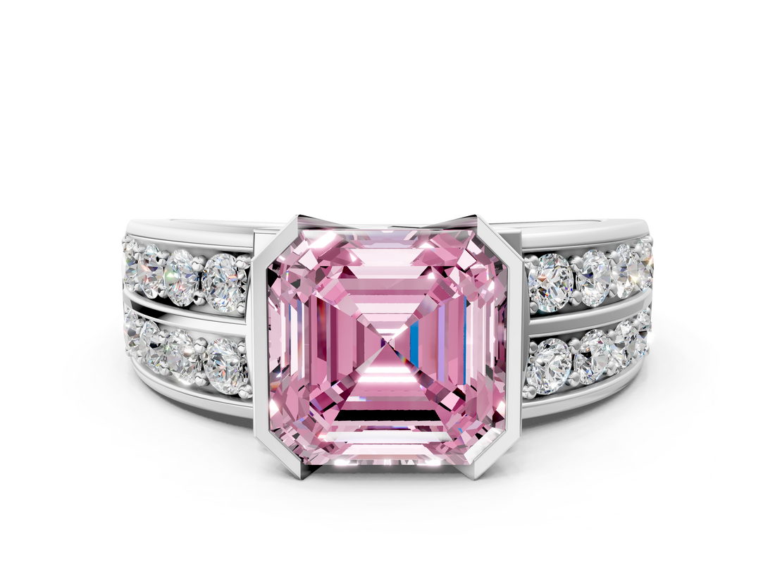 White gold Fancy Pink Asscher  Brilliant Diamond Channel Set Wide Band Ring with Bezel Setting