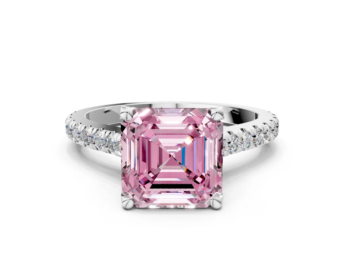 White gold Fancy Pink Asscher  Brilliant Diamond Solitaire with Pavé Band and Four-Prong Setting 1