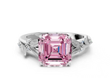 White gold Fancy Pink Asscher  Brilliant Solitaire with Leaf Motif Band and Four-Prong Setting