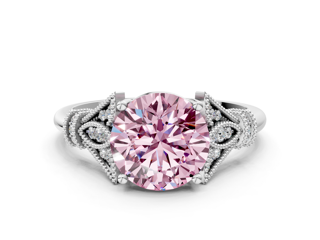 White gold Fancy Pink Asscher  Brilliant Solitaire with Pave Band and Four-Prong Setting