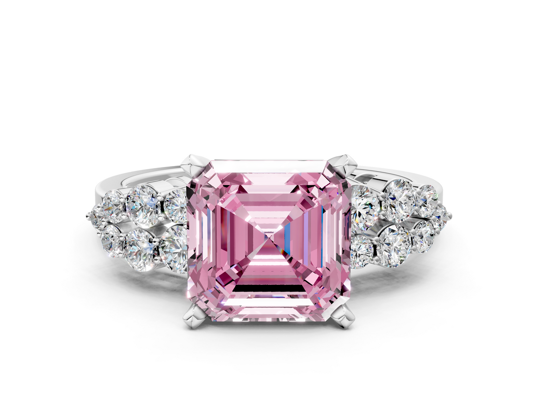 White gold Fancy Pink Asscher  Cluster Diamond Engagement Ring with Pavé Band and Four-Prong Setting_17
