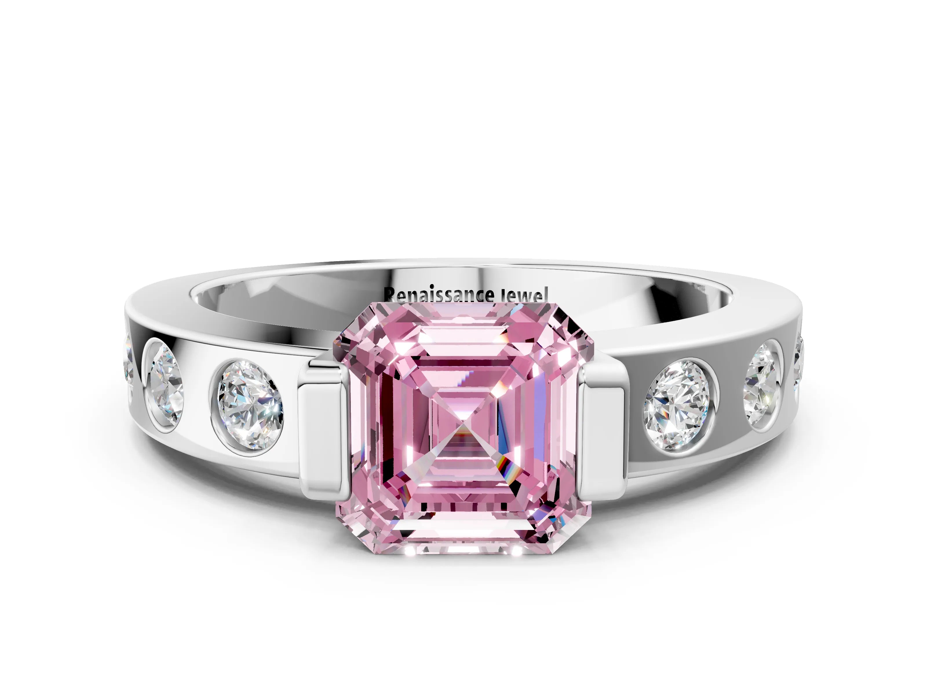 White gold Fancy Pink Asscher Cut Brilliant Channel-Set Diamond Ring with Bezel Prong Setting_12